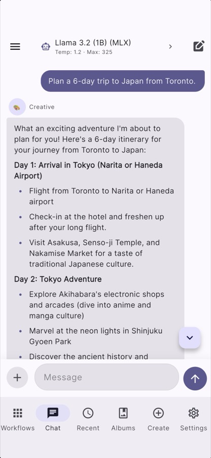 Private on-device AI chat generating a travel itinerary