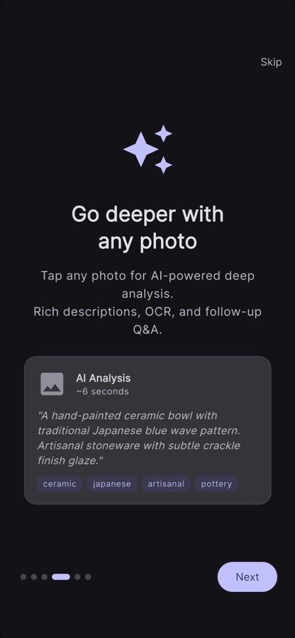 AI-powered deep photo analysis with tags and descriptions
