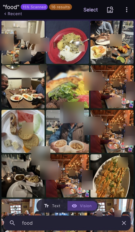 Searching 'food' returns 16 results — meals, restaurants, groceries