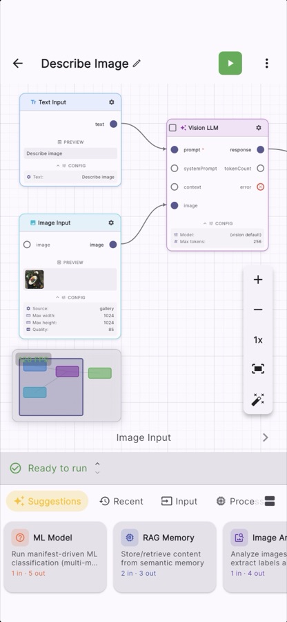 Visual workflow builder with connected AI nodes